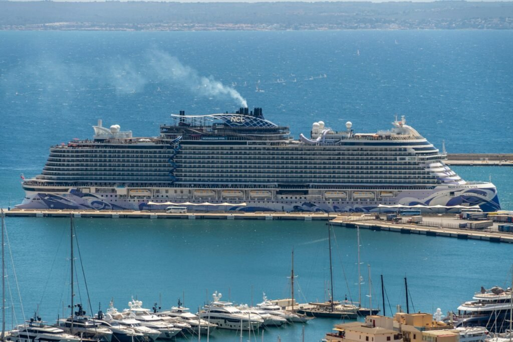 A large cruise ship docked in a harbor